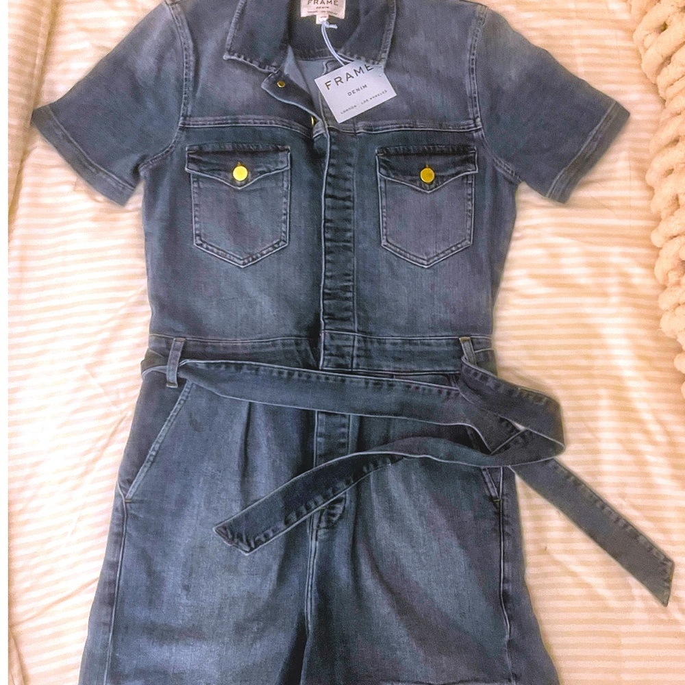 Frame NWT Women's Jumper Maxson Coverall Pleated Short  Size S Washed Blue Denim